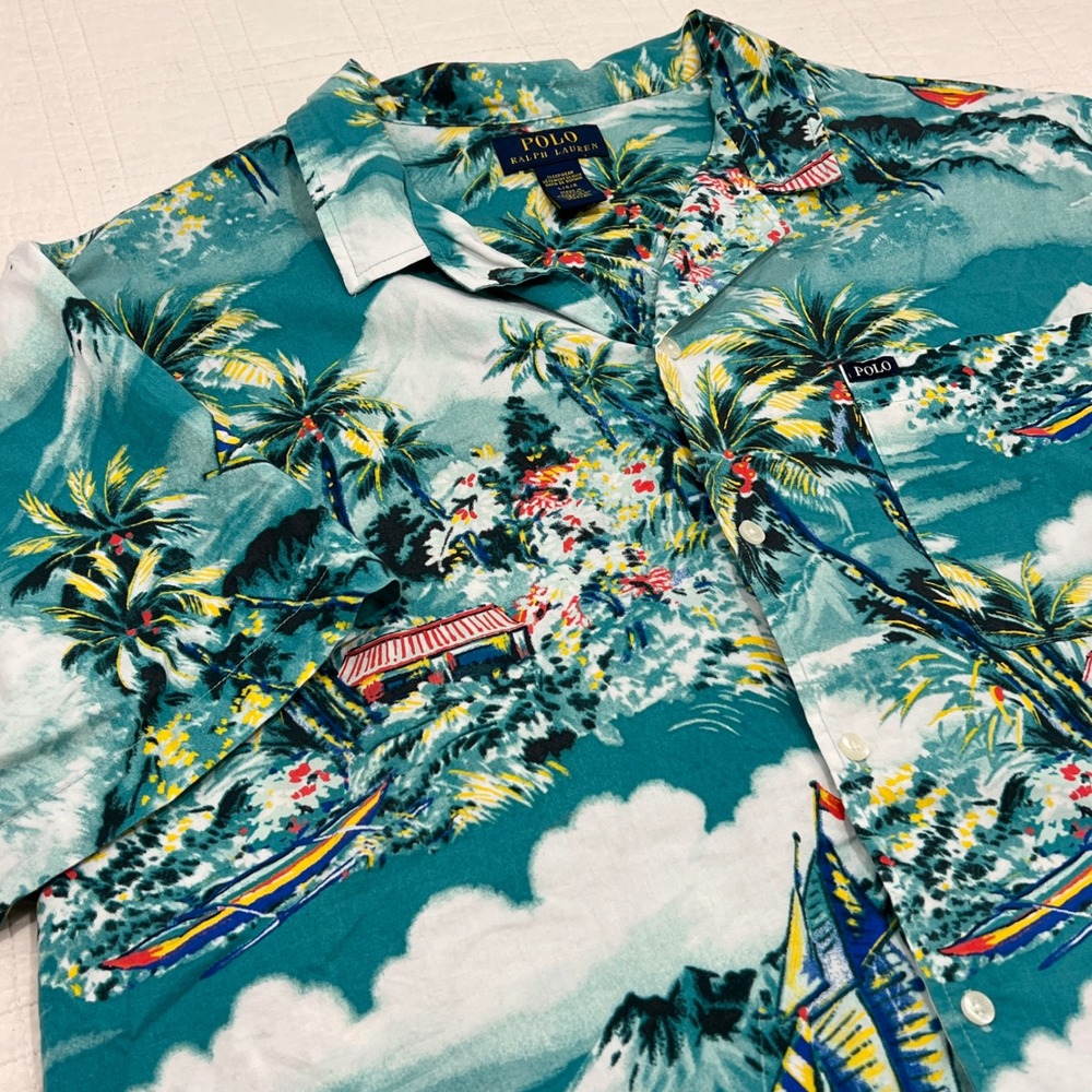 Polo Ralph Lauren Sleepwear Mens Large Hawaiian Tropical Shirt Short Sleeve Teal